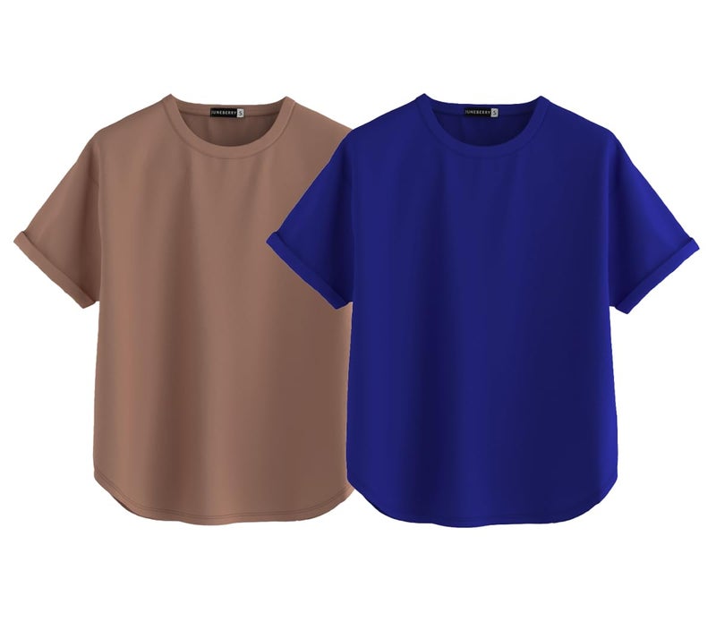 JUNEBERRY® Pure 100% Cotton Oversized Loose Baggy Fit Round Neck with Drop Shoulder Cork & Royal Blue Half Sleeves Boyfriend T-Shirt for Women & Girls (PO2_BF_46CR_39RB_S) - Image 1