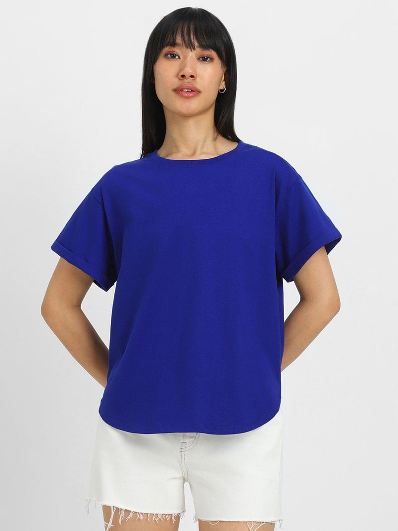 JUNEBERRY® Pure 100% Cotton Oversized Loose Baggy Fit Round Neck with Drop Shoulder Cork & Royal Blue Half Sleeves Boyfriend T-Shirt for Women & Girls (PO2_BF_46CR_39RB_S) - Image 2