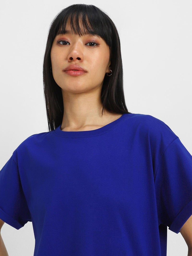 JUNEBERRY® Pure 100% Cotton Oversized Loose Baggy Fit Round Neck with Drop Shoulder Cork & Royal Blue Half Sleeves Boyfriend T-Shirt for Women & Girls (PO2_BF_46CR_39RB_S) - Image 3