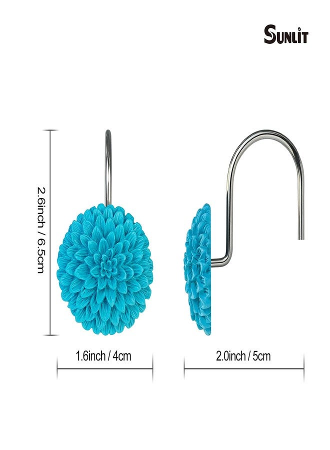 Sunlit Decorative Floral Shower Curtain Hooks, Turquoise Dahlia Pinnata Flower Shower Curtain Rings, Resin, Bathroom Decoration Blue Shower Curtain Hooks-12 Pack - Image 2