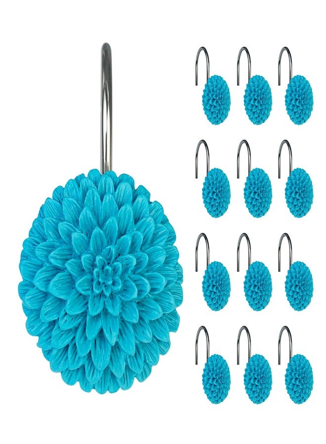 Sunlit Decorative Floral Shower Curtain Hooks, Turquoise Dahlia Pinnata Flower Shower Curtain Rings, Resin, Bathroom Decoration Blue Shower Curtain Hooks-12 Pack - Image 1