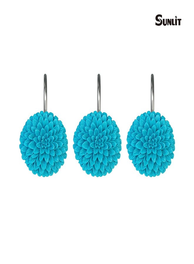 Sunlit Decorative Floral Shower Curtain Hooks, Turquoise Dahlia Pinnata Flower Shower Curtain Rings, Resin, Bathroom Decoration Blue Shower Curtain Hooks-12 Pack - Image 3