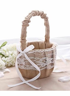 Excefore Wedding Flower Girl Basket with Lace Satin, Rustic Burlap Hamper Jute Flower Basket  Wedding Girl Storage Basket for Engagement Wedding Ceremony  Decoration Party Photo Props  - Image 1