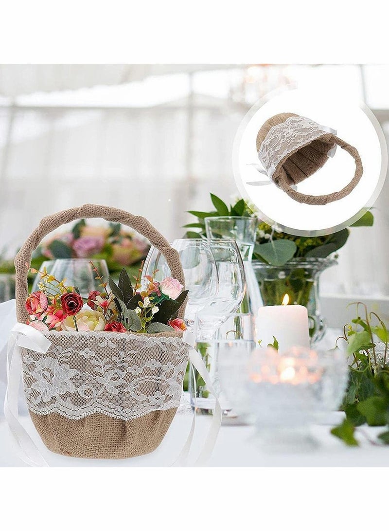 Wedding Flower Girl Basket with Lace Satin, Rustic Burlap Hamper Jute Flower Basket  Wedding Girl Storage Basket for Engagement Wedding Ceremony  Decoration Party Photo Props