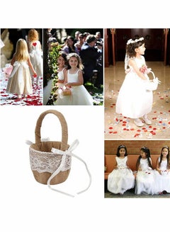 Excefore Wedding Flower Girl Basket with Lace Satin, Rustic Burlap Hamper Jute Flower Basket  Wedding Girl Storage Basket for Engagement Wedding Ceremony  Decoration Party Photo Props  - Image 4