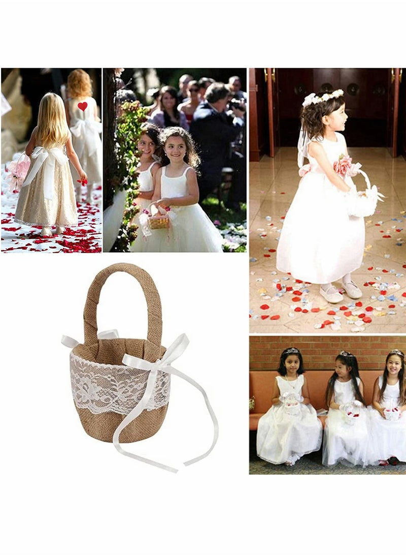 Excefore Wedding Flower Girl Basket with Lace Satin, Rustic Burlap Hamper Jute Flower Basket  Wedding Girl Storage Basket for Engagement Wedding Ceremony  Decoration Party Photo Props  - Image 4