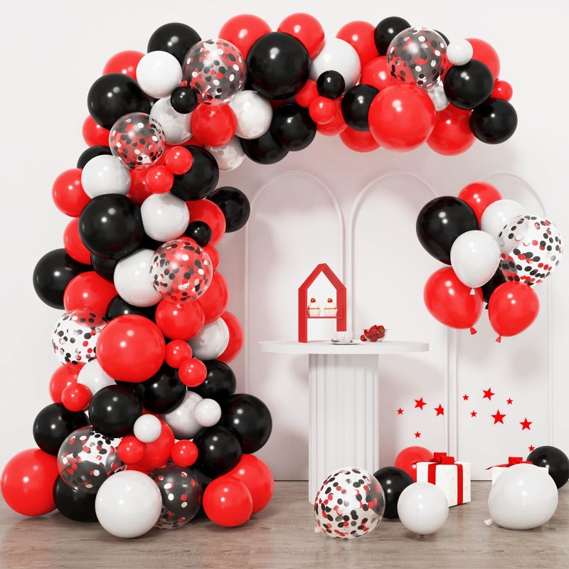 RUBFAC 129pcs Red Black White Balloons Garland Arch Kit, Red and Black White Balloons Arch for Shower Birthday 2025 Graduation Class Decorations Racing Car Poker Card Anniversary Supplies - Image 1
