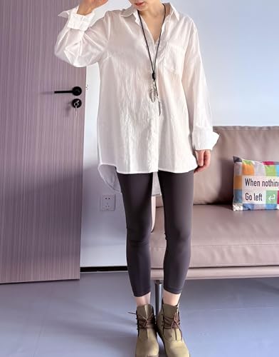 Minibee Women's Linen Blouse High Low Shirt Roll-Up Sleeve Tops White L - Image 5