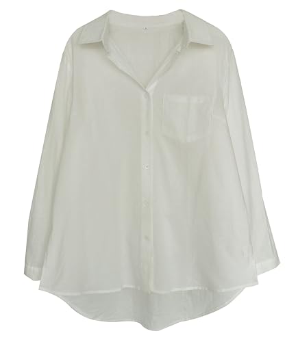 Minibee Women's Linen Blouse High Low Shirt Roll-Up Sleeve Tops White L - Image 2