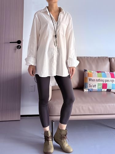 Minibee Women's Linen Blouse High Low Shirt Roll-Up Sleeve Tops White L - Image 4