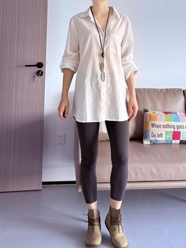 Minibee Women's Linen Blouse High Low Shirt Roll-Up Sleeve Tops White L - Image 3