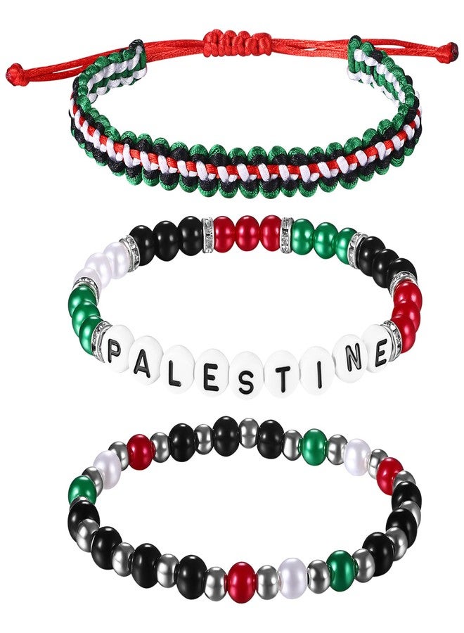 Cupimatch Palestine Flag Freedom Bracelet: Hand Woven Bracelets Palestine Alphabet National Bracelet - Bohemian Style Beaded Rope Men Women Bracelets Adjustable 3 Piece Set With Card for Mothers Day - Image 1
