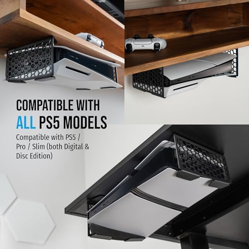 Glistco Stealth Mount for PlayStation 5, PS5 Slim & PS5 Pro, Under-Desk Console Holder for Space-Saving, Horizontal Under Desk Mount for Secure and Stable Console Placement - Image 2