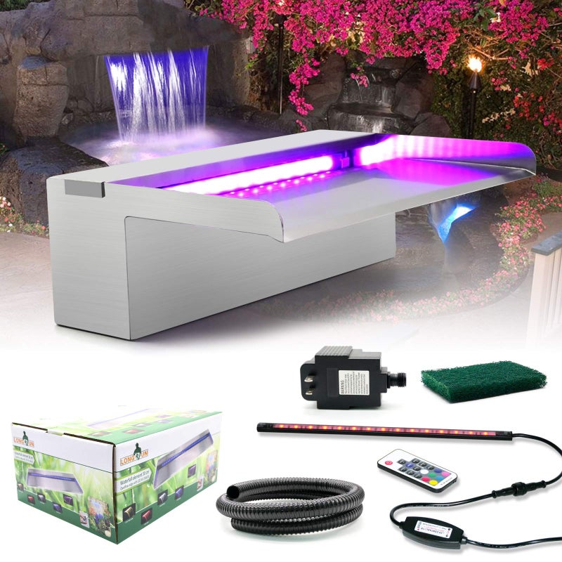 LONGRUN Waterfall Spillway Stainless Steel Pond Waterfalls with Color Changing LED Light Outdoor Pool Fountain Water Spillway Waterfall Kit for Garden Patio Swimming Pool Koi Ponds Decoration118
