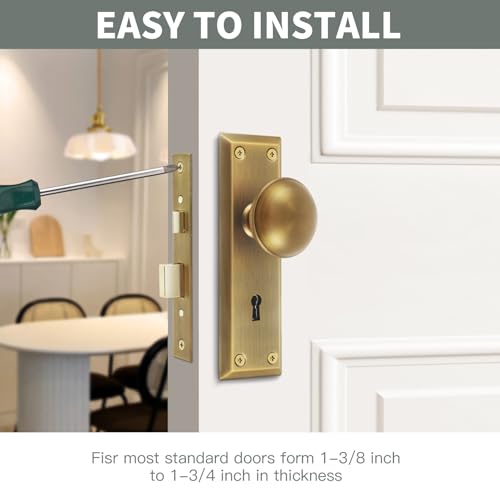 Newliplace Mortise Lock Set for Interior Door, Vintage Antique Brass Door Knobs with Lock and Skeleton Key, Replacing Old Style Doors - Image 2
