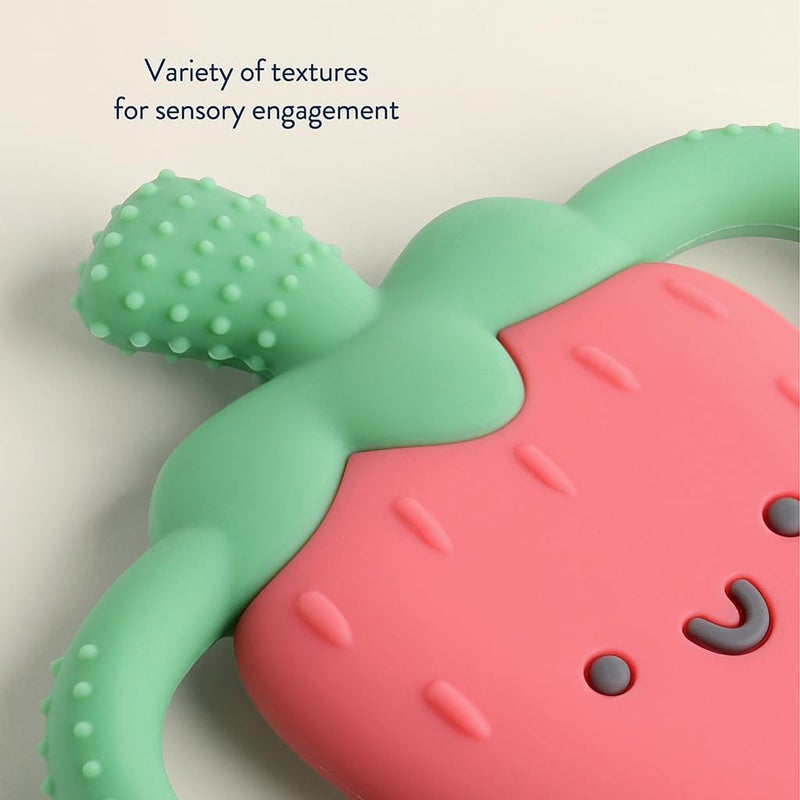Itzy Ritzy Strawberry-Shaped Baby Teether with Handles; Silicone Teether for Babies with Easy-Grab Handles and Textured, Teethable Surfaces - Baby Teething Toy for 3 Months & Up (Strawberry) - Image 4