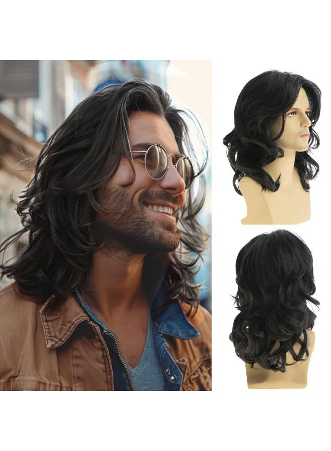 Men's black wig, 16-18 inches, chemical fiber high temperature wire, rose mesh, suitable for men