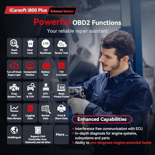 iCarsoft i800 Plus OBD2 Scanner Diagnostic Tool with Component Test/118 Live Data/Reset CEL/Battery Test/Freeze Frame/VIN, Code Reader for All Cars Full OBD2 Functions, Fuel System Scan Tool para Auto - Image 3