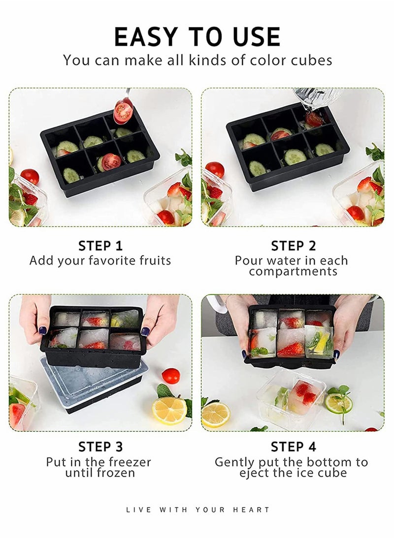 Y&D - Ice Cube Trays Set of 2, with Spill-Resistant Removable Lids, Silicone Bottom for Easy Release Cubes, Odourless Food Grade, Dishwasher Safe, 6 Cavity Large Square, Stackable BPA Free - Image 1