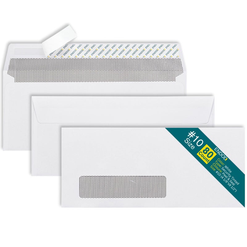 EnDoc #10 Window Envelopes Self Seal - 80/pack Peel & Seal Closure, Security Tinted Envelopes for Quickbooks Invoices & Business Statements - Letter Size 4-1/8 x 9-1/2 inch 24lb Paper - Image 1