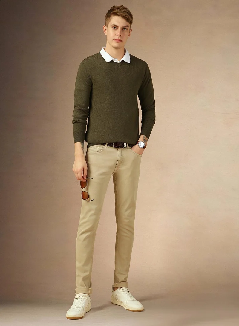 Dennis Lingo Men's Olive 100% Acrylic Solid Regular Fit Sweater