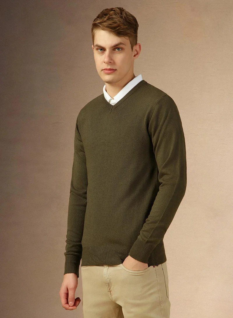 Dennis Lingo Men's Olive 100% Acrylic Solid Regular Fit Sweater