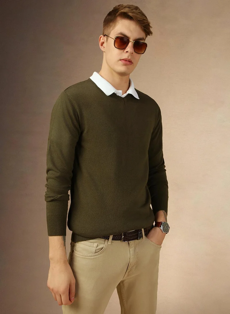 Dennis Lingo Men's Olive 100% Acrylic Solid Regular Fit Sweater