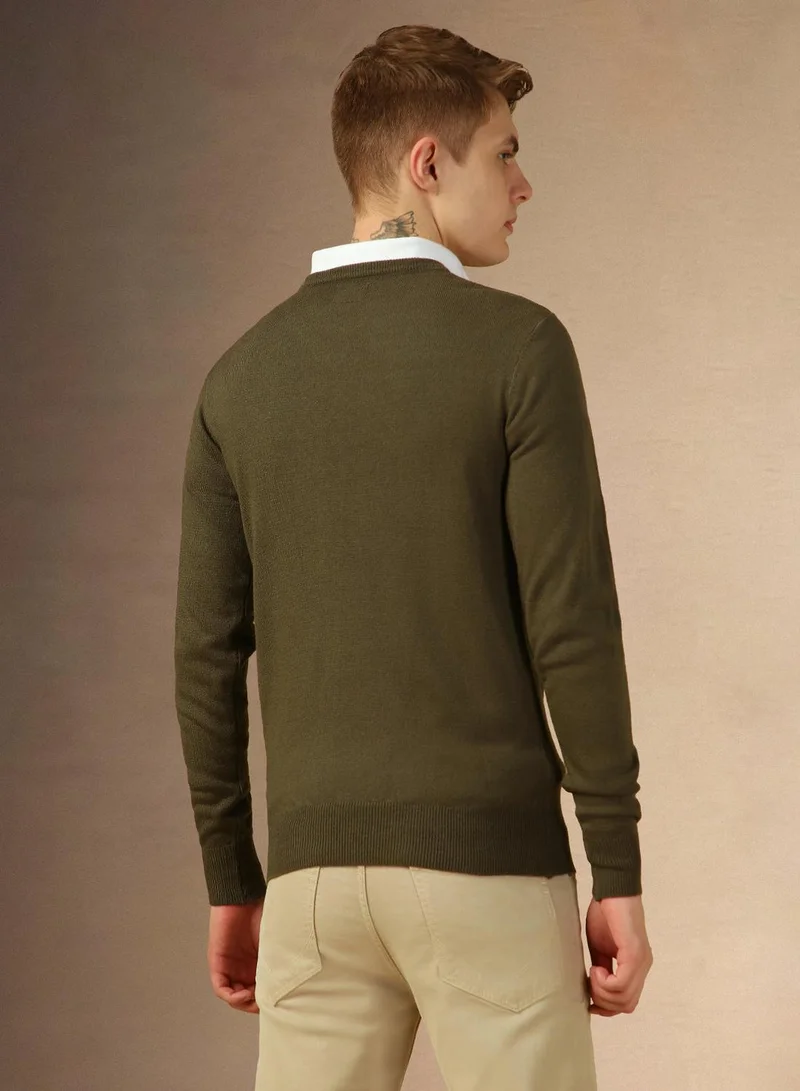 Dennis Lingo Men's Olive 100% Acrylic Solid Regular Fit Sweater