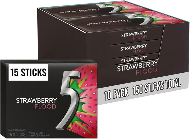5 Gum Sour Flood Sugar Free Gum - Strawberry Flavor, 10 Packs of 15 Sticks Each - Image 1