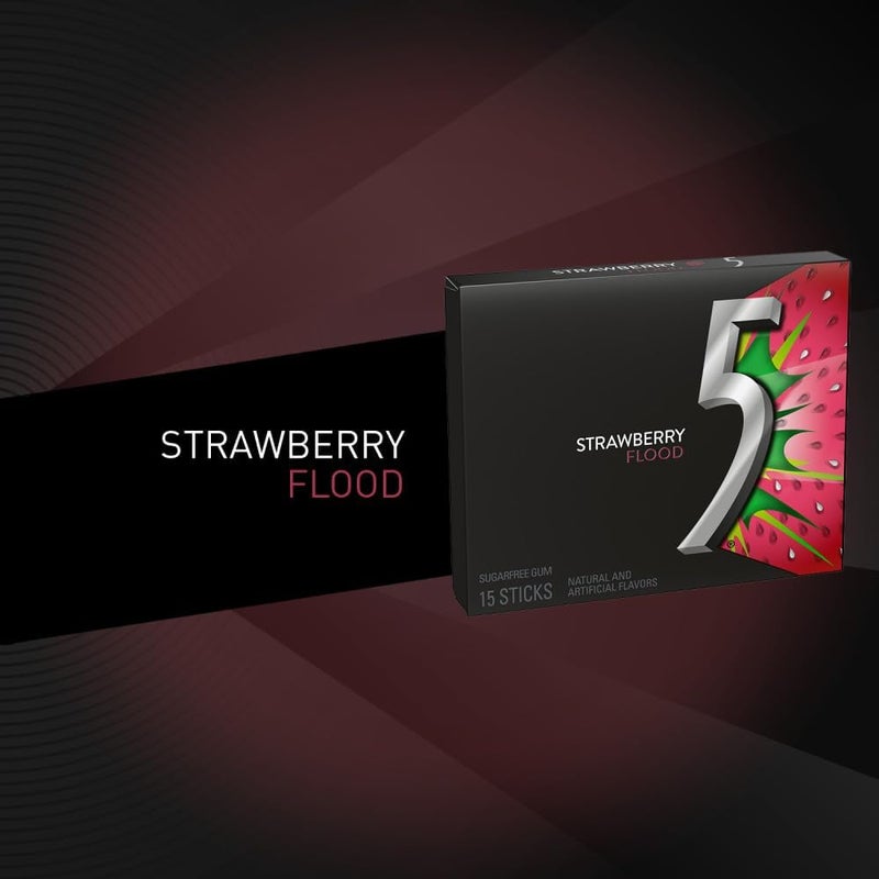 5 Gum Sour Flood Sugar Free Gum - Strawberry Flavor, 10 Packs of 15 Sticks Each - Image 3