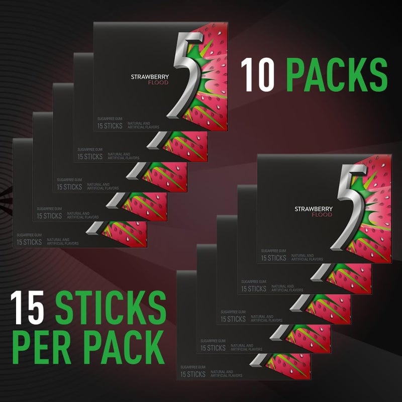 5 Gum Sour Flood Sugar Free Gum - Strawberry Flavor, 10 Packs of 15 Sticks Each - Image 4