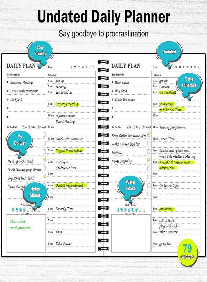 ASTEN Daily Planner Undated, Asten To Do List Notebook Hourly Schedules Spiral Appointment Planner for Men and Women,PVC Hardcover,Elastic Closure, Inner Pocket 8.3" x 5.8" (Black) - Image 2