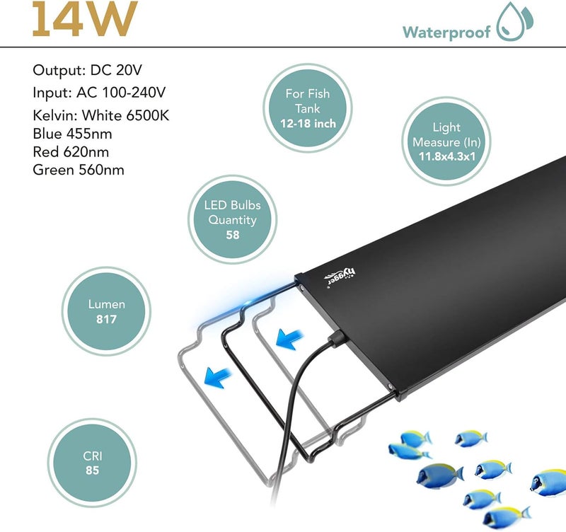 Hygger ضوء LED لحوض السمك، 14 واط إضاءة 24/7 وضع شروق الشمس-الضوء النهاري-ضوء القمر DIY، مؤقت/سطوع قابل للتعديل مع حامل قابل للتمديد 7 ألوان لحوض النباتات - Image 5