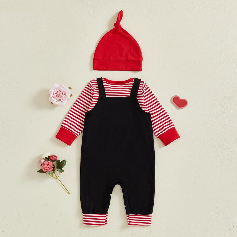 DNOMAID YZARC Newborn Baby Boy Valentines Outfit Stripe Long Sleeve Romper Letter Embroidery Suspender Pants Hat Clothes Set (Black, 0-3 Months) - Image 4