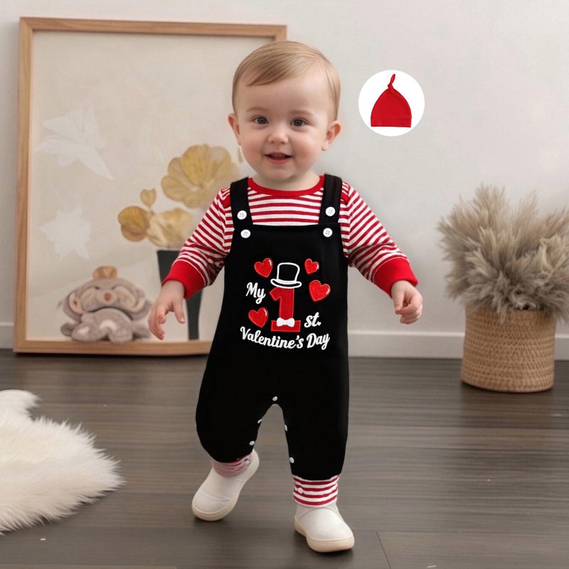 DNOMAID YZARC Newborn Baby Boy Valentines Outfit Stripe Long Sleeve Romper Letter Embroidery Suspender Pants Hat Clothes Set (Black, 0-3 Months) - Image 2