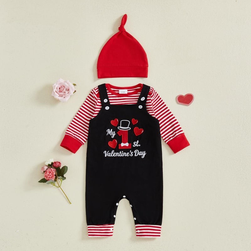 DNOMAID YZARC Newborn Baby Boy Valentines Outfit Stripe Long Sleeve Romper Letter Embroidery Suspender Pants Hat Clothes Set (Black, 0-3 Months) - Image 3