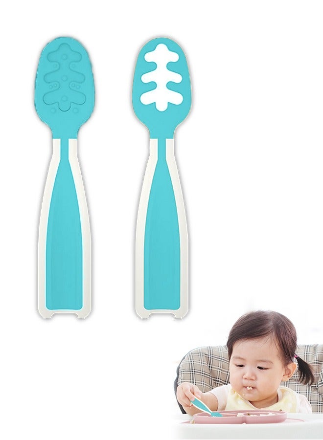 Baby Cutlery Fork Spoons Set, Baby Training Led Weaning (BLW) Teething Spoon, Self Feeding Silicone Toddler Food Utensils BPA Free Dishwasher Safe (BLue) - Image 1