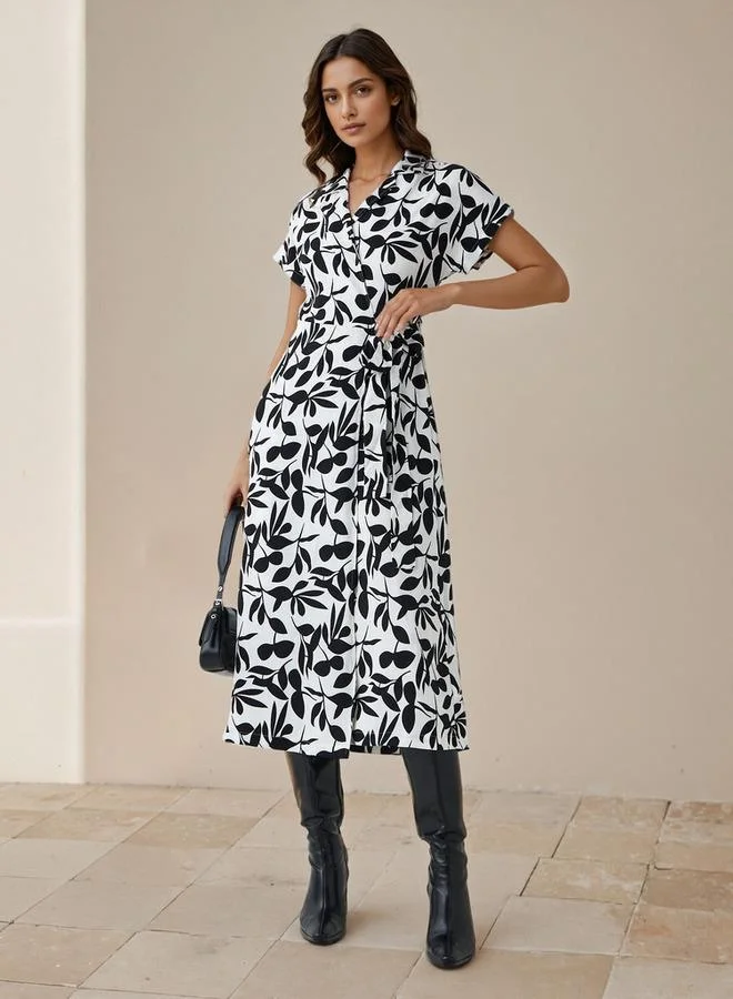 Splash FAV Leaf Print Wrap Style Women Dress with Tie-Up Detail