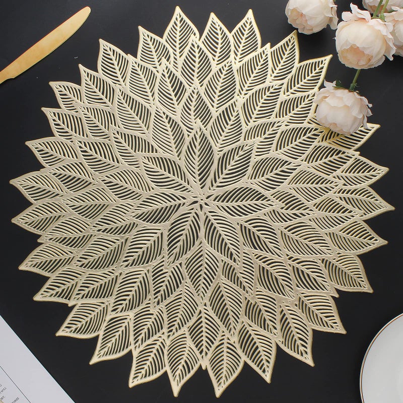 Mabbcoo Placemats Set of 6  Round Hollow Out Flowers Place Mats for Dining Table Pressed Vinyl Blooming Leaf Table Mats for Holiday Party Wedding Accent Centerpiece Dinner Table Decoration (Gold) - Image 1