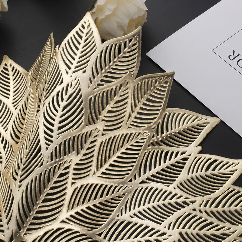 Mabbcoo Placemats Set of 6  Round Hollow Out Flowers Place Mats for Dining Table Pressed Vinyl Blooming Leaf Table Mats for Holiday Party Wedding Accent Centerpiece Dinner Table Decoration (Gold) - Image 3