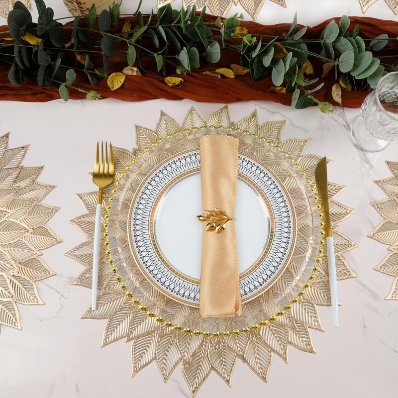 Mabbcoo Placemats Set of 6  Round Hollow Out Flowers Place Mats for Dining Table Pressed Vinyl Blooming Leaf Table Mats for Holiday Party Wedding Accent Centerpiece Dinner Table Decoration (Gold) - Image 5