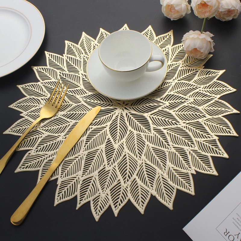 Mabbcoo Placemats Set of 6  Round Hollow Out Flowers Place Mats for Dining Table Pressed Vinyl Blooming Leaf Table Mats for Holiday Party Wedding Accent Centerpiece Dinner Table Decoration (Gold) - Image 2