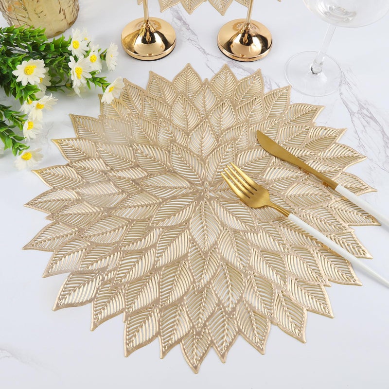 Mabbcoo Placemats Set of 6  Round Hollow Out Flowers Place Mats for Dining Table Pressed Vinyl Blooming Leaf Table Mats for Holiday Party Wedding Accent Centerpiece Dinner Table Decoration (Gold) - Image 4