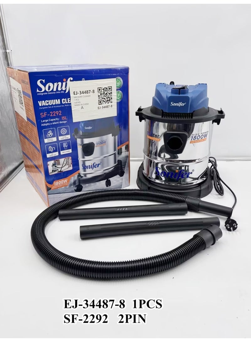 Sonifer SF-2292 Wet & Dry Vacuum Cleaner 1800W, 15L Large Capacity, Stainless Steel Tank, Powerful Suction, Blower Function, Multi-Surface Cleaning, Portable Design with Wheels for Home, Office, Car and Commercial Use - Image 1