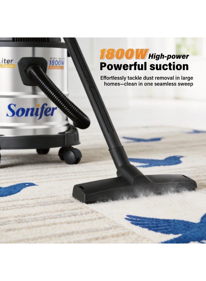 Sonifer SF-2292 Wet & Dry Vacuum Cleaner 1800W, 15L Large Capacity, Stainless Steel Tank, Powerful Suction, Blower Function, Multi-Surface Cleaning, Portable Design with Wheels for Home, Office, Car and Commercial Use - Image 3