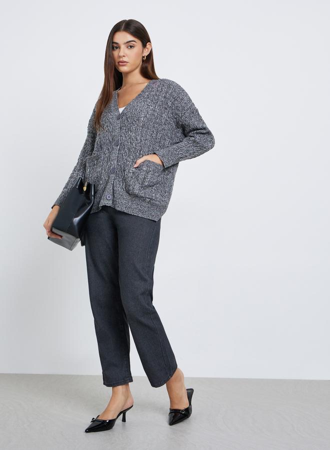Styli Charcoal Oversized Cable Knit Cardigan - Image 2