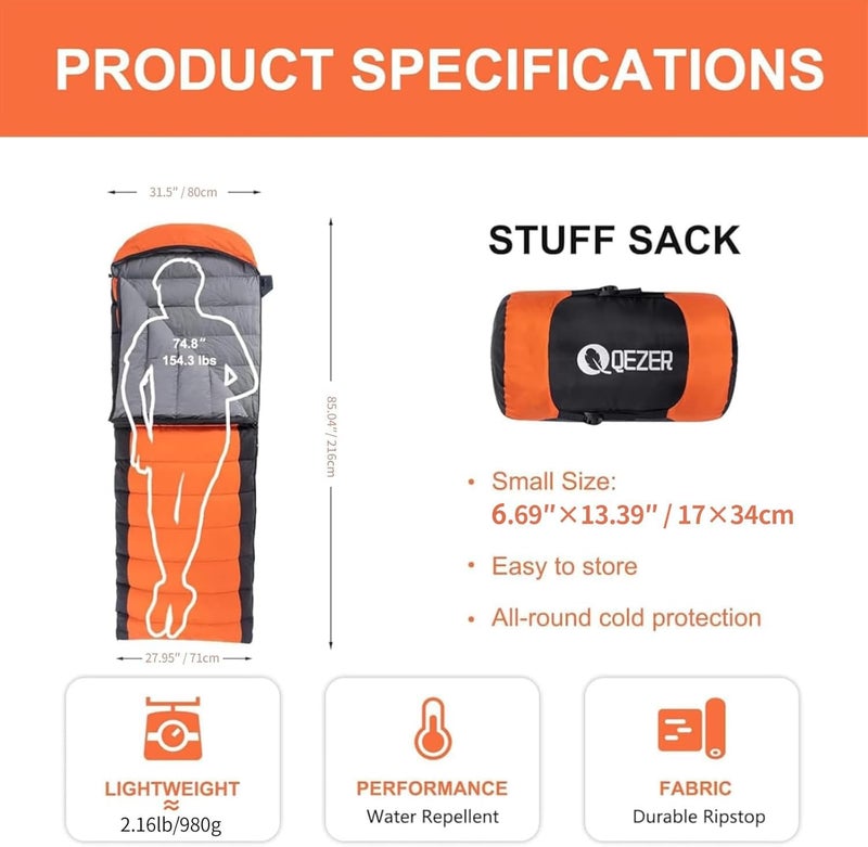QEZER Down Sleeping Bag for Adults 600 Fill Power Cold Weather Sleeping Bag Ultralight with Compression Sack for Backpacking, Camping, Hiking - Image 2