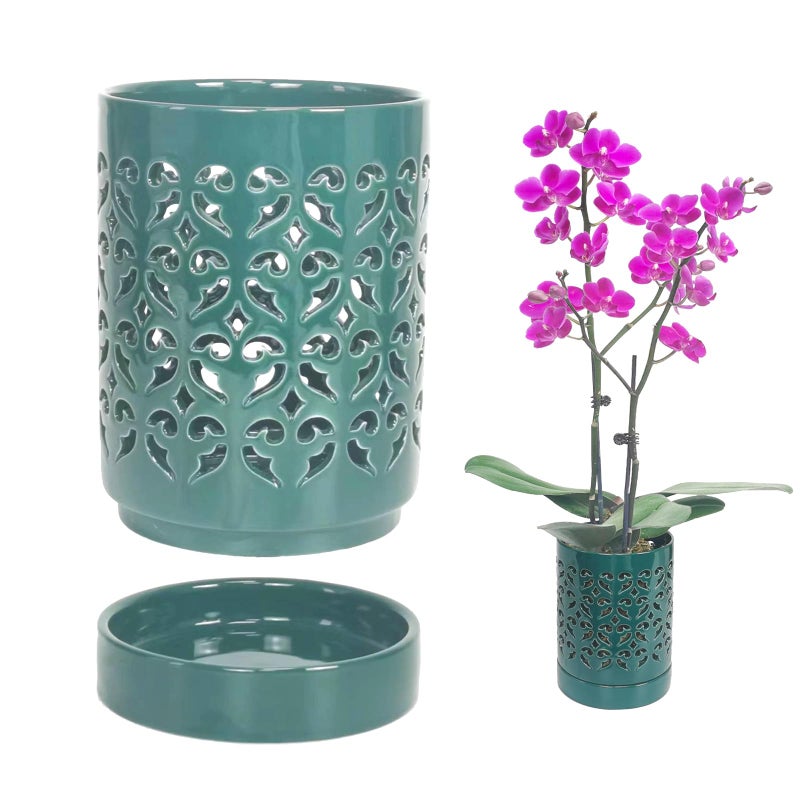 pavtner Ceramic Orchid Pot 4 Inch Orchid Pots with Holes Plant Pot for Repotting Flower Planter Pot Indoor Outdoor Green Chirstmas Gift for Women