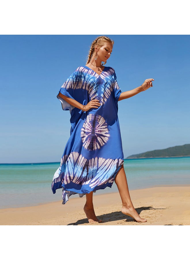 Loquat European And American Rayon Tie-dyed Beach Blouse Robe Loose Seaside Vacation Sun Protection Clothing Bikini Swimsuit Outer Wear-Color:15-Blue- - Image 1