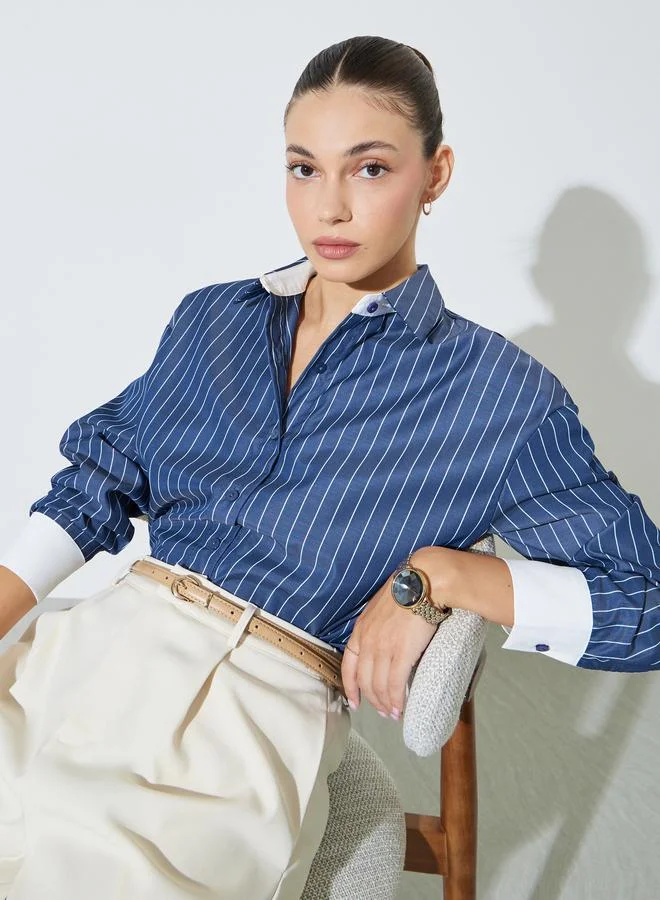 ستايلي Navy Blue Striped Oversized Shirt